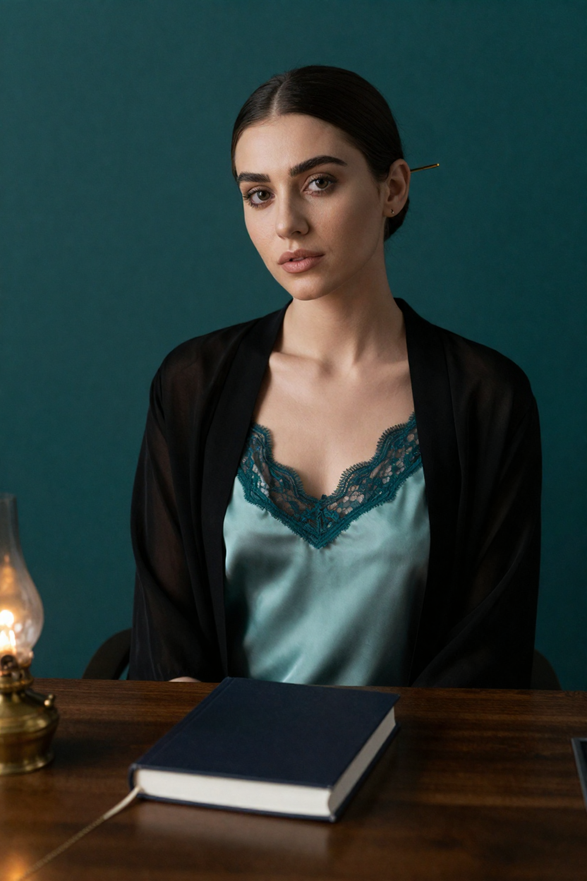 Fictional 28-year-old woman, dark brown hair in a smooth low bun held with a plain brass