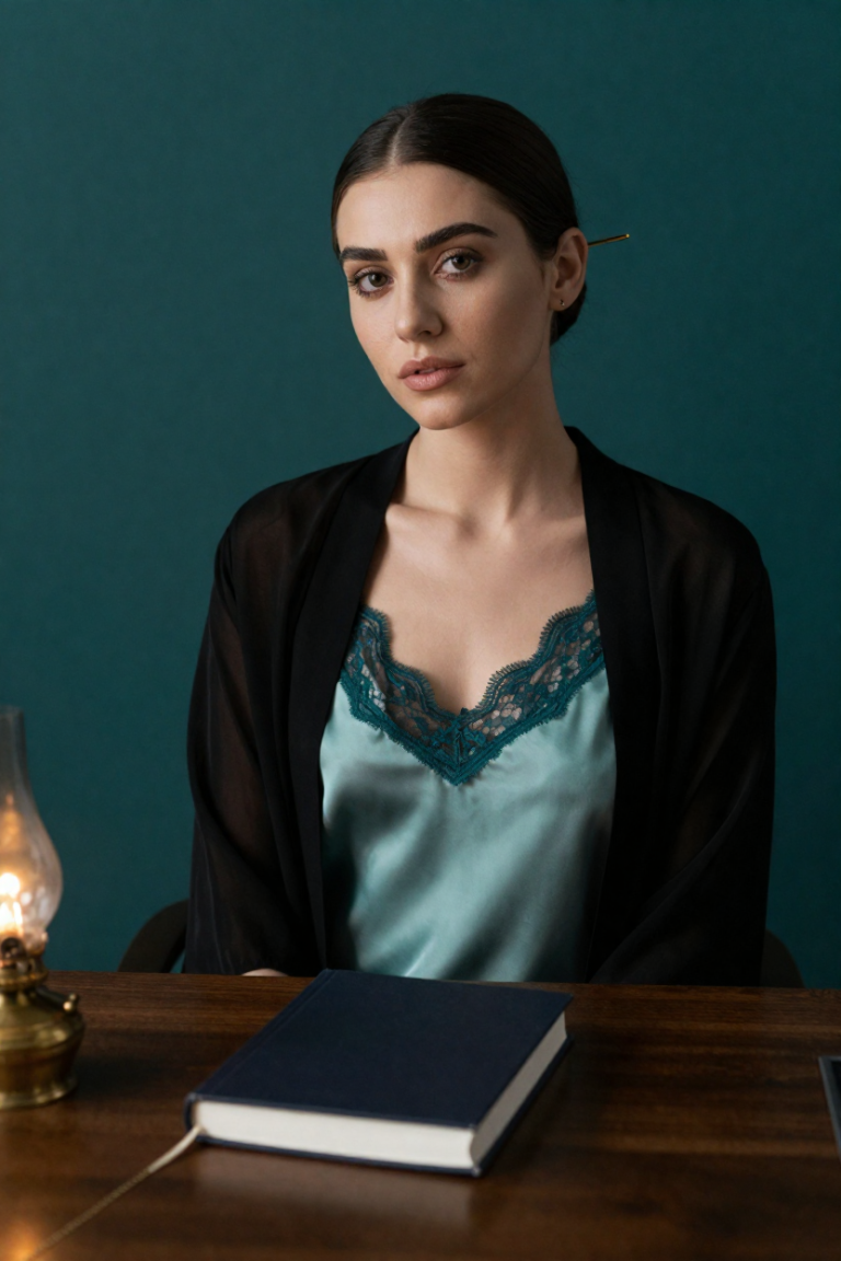 Fictional 28-year-old woman in a mint silk slip dress with teal lace beside a closed plain biography and brass lamp at SparkBioLinks